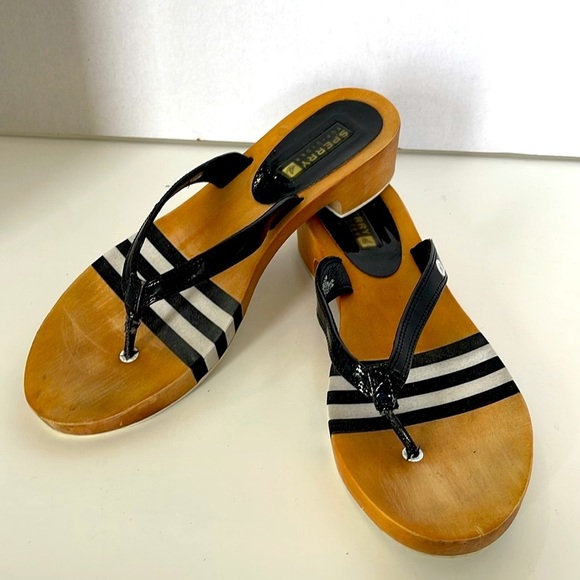 Sperry Top Sider Black and Tan Striped Wooden Sandals Size 7 Flip Flop Slip On - Picture 12 of 14